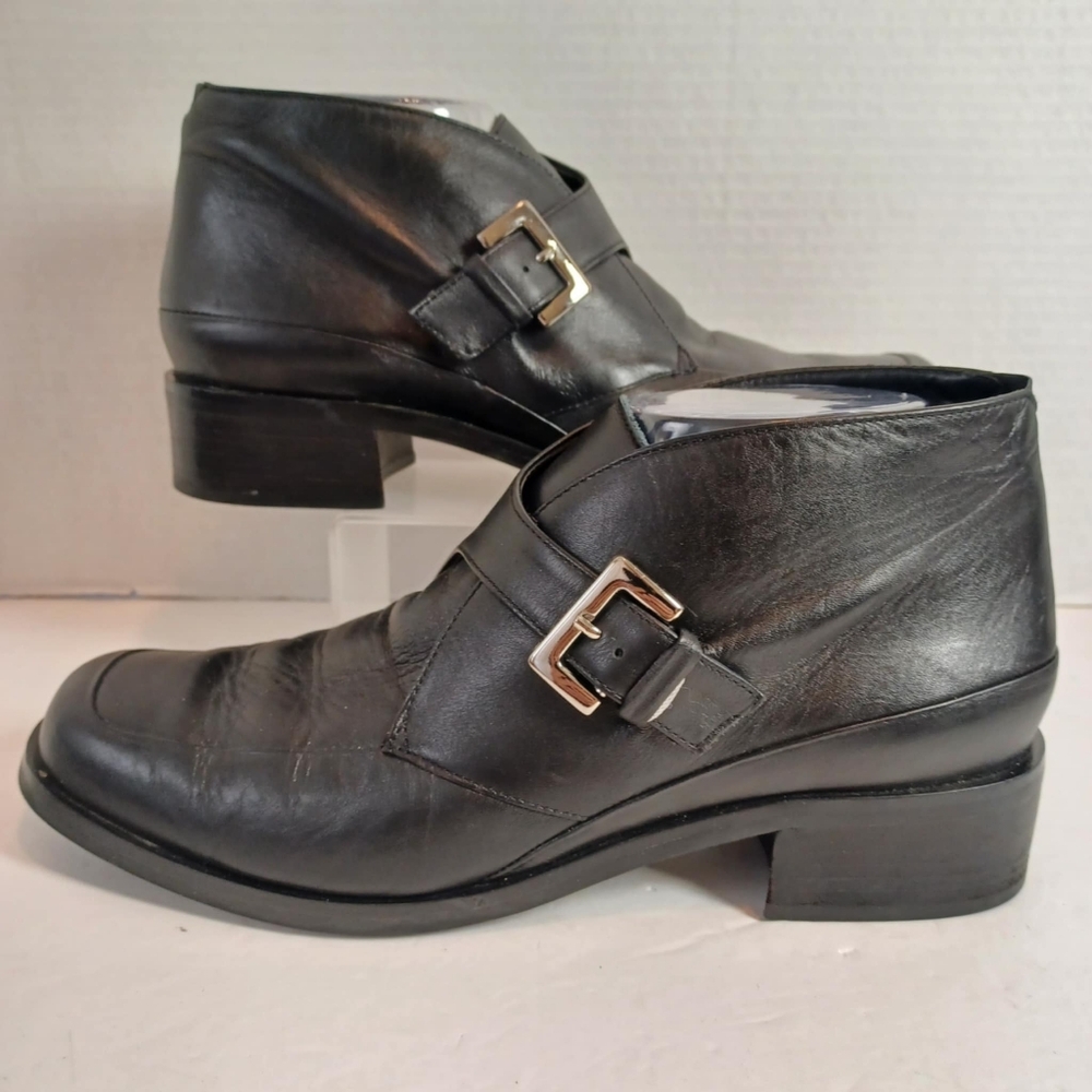 Etienne Aigner Dorian Black Leather Buckle Ankle Boots Sz 9‎ Classic Preppy